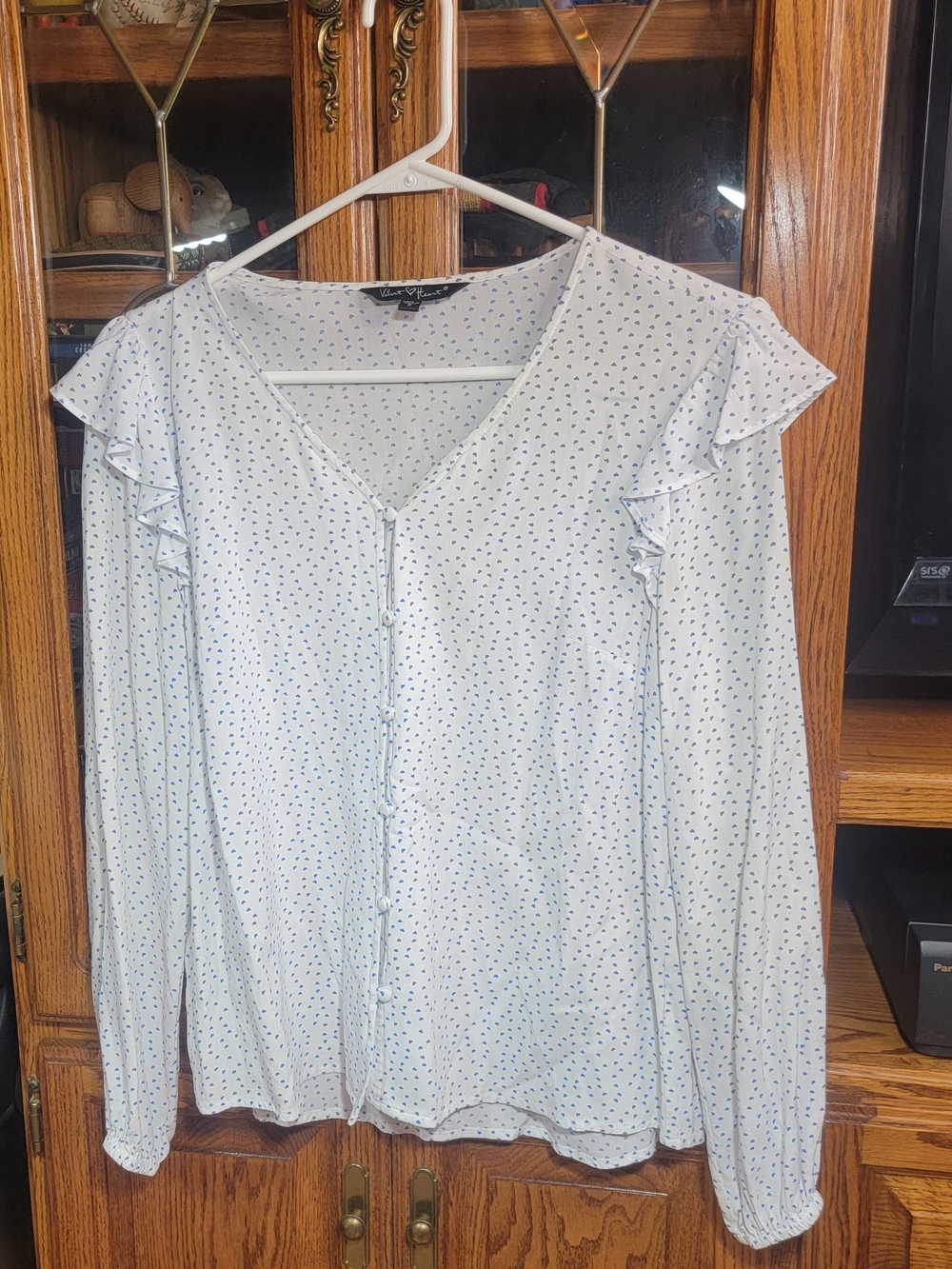 Velvet Heart Women's Light Blue Polka Dot Ruffle V-Neck Blouse Size Small